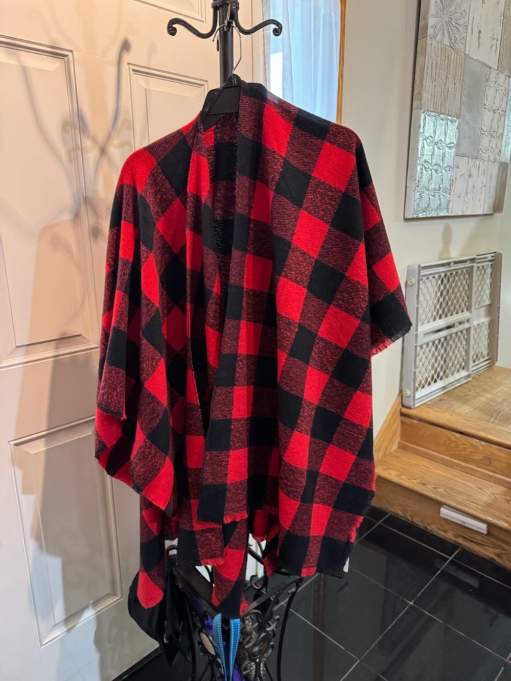 Old Navy Red and Black Plaid Knit Poncho
